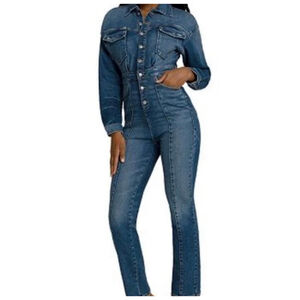 Good American NWT Plus Size 6 Blue Denim Jean Zip Jumpsuit Long Sleeve Casual